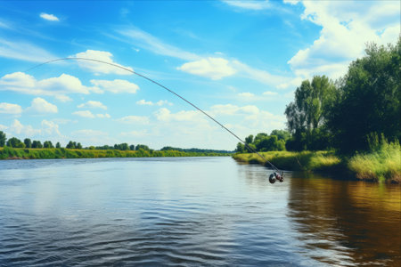 Captivating River Splendor: Fishing Under a Blue Skyの素材