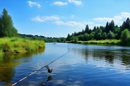 Immersive Capture: Serene River Vista, Angling in the Pristine Blue Sky - AR 3:2の素材