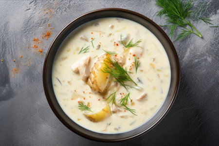 Bowl of Creamy Fish Chowder Soup in a Modern Setting: A Captivating Top-View Shotの素材