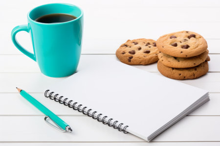 Turquoise Delight: A Perfect Morning with Notepad, Cup, and Pen accompanied by Delicious Chocolate Chip Cookies on a Wooden Table with a Serene White Background - A Glimpse into the Vibrant Student Lifestyleの素材