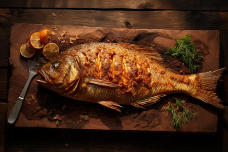 Golden Delights: Crispy Fish on a Wooden Platter in 3:2の素材