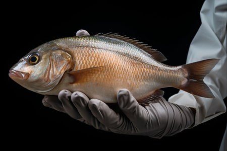 The Mysterious Gloved Figure Embraces a Pristine Uncooked Bream Fish on a White Canvas - A Captivating Shot in 3:2 Aspect Ratioの素材