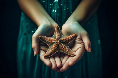 Captivating Close-Up: Female Hands Embracing a Starfish in Exquisite Detailの素材