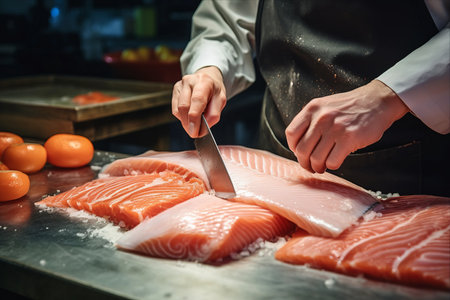 The Artistry of Cutting Red Fish: A Glimpse into a Fish Shop and Kitchenの素材
