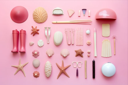Sandy Beach Essentials: A Vibrant Flat Lay Composition on Pink Backgroundの素材