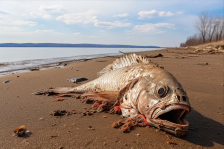 Environmental Impact: Disturbing Sight of Dead Small Stinky Fish on Reservoir Shore Linked to Warming â AR 3:2の素材