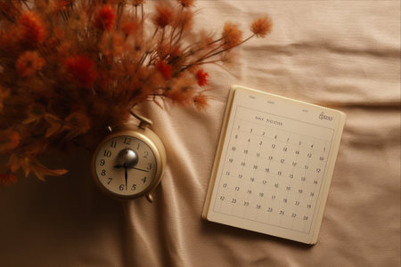 Efficient Workspace: Artistic Flat Lay Desk with Notebook and Calendar, Exuding Warm Tones - AR 3:2の素材