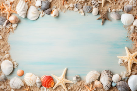 A Coastal Gallery: The Enchanting Frame of Seashells and Starfishの素材