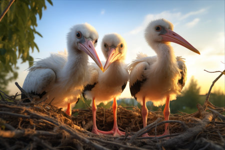Breathtaking Sight: European White Storks Nurturing Babies in Nest Before Migrationの素材