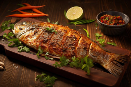 Exquisite Asian Fish Fry: A Mouthwatering Delight Served atop a Rustic Wooden Tableの素材