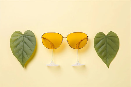 Simplicity in Focus: Minimalist Concept of Three Glasses and Leaves on White and Yellow Backgroundの素材