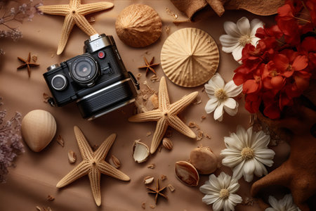 Captivating Wanderlust: A Stunning Flatlay Immersed in Travel Vibes, Featuring Camera, Passport, Shell, Starfish, and Flowers against a Warm Brown Backdrop â AR 3:2の素材