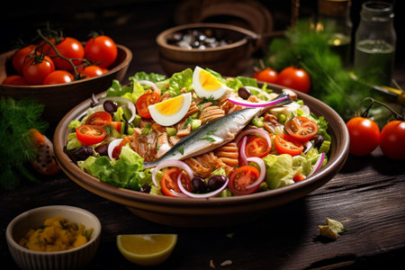 Fresh and Delicious Seafood Extravaganza: A Colorful Fish Salad on a Rustic Kitchen Tableの素材