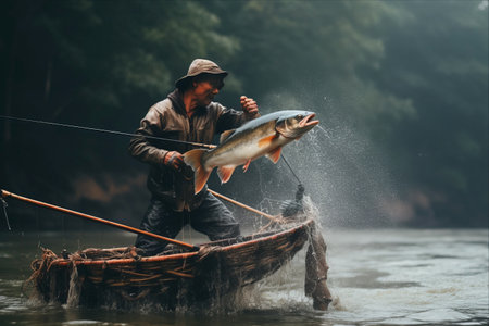Carp Chronicles: A Fisherman's Poise on the Riverbankの素材