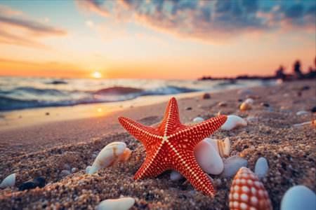 Serenity Unveiled: Captivating Closeup of a Vibrant Red Starfish at Sunset Beach Playground