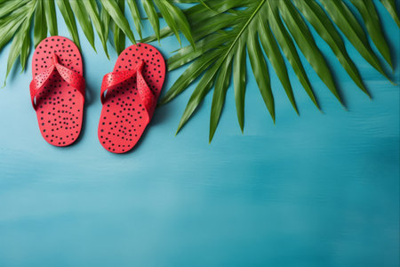 Coastal Chic: Vibrant Flip Flops, Starfish, and Monstera Leaf atop a Blue Flat Layの素材