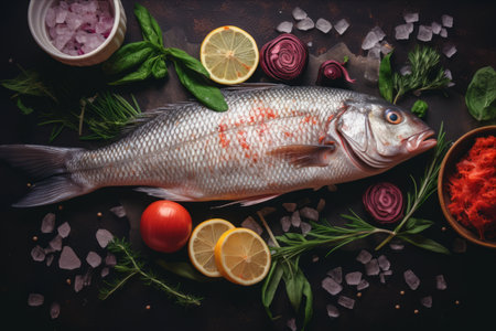 Catch of the Day: Scrumptious Fresh Fish on a Dark Vintage Backgroundの素材