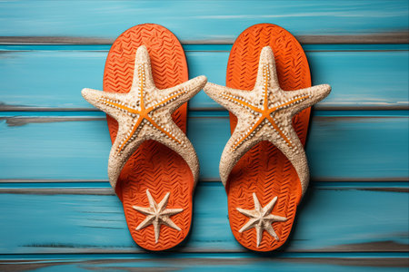 Beachy Chic: Stylish Flip-flops with Starfish on Blue Wooden Backgroundの素材