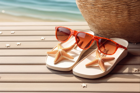 Beach Vibes: Stylish Flip-flops, Sunglasses, Starfishes, and Bag on Beige Wooden Backgroundの素材