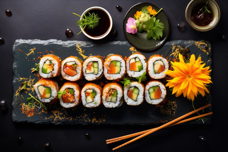 Aesthetic Delights: Exquisite Sushi Rolls Harmoniously Embellished with Fish, Rice, Cream Cheese, and Vibrant Vegetables, Accented by Soy Sauce, Lemon, and Ginger - Captured in an Artistic Top-View Compositionの素材