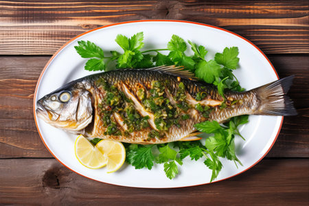 Savory Grilled Dorado: A Scrumptious Combination of Fresh Spices, Parsley, and Spinach Served on an Old Wooden Table - A Heavenly Delight in a Horizontal View!の素材