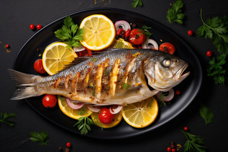 Refreshing Lemon-Infused Grilled Dorado: Captivating Top-View Shot with Ample Space for Textの素材