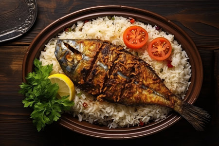 Savor the Flavors of Grilled Fish with Rice: A Tranquil Taste of the Arabian Gulf - AR 3:2 Served in Dish Top Viewの素材