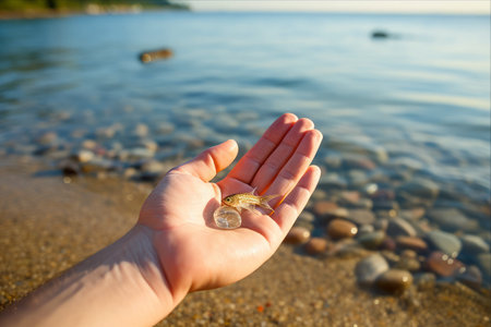 A Summer's Catch: Small Fish Ruffling in Hand along the Shore during Fishing Adventure - AR 3:2の素材