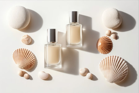 Seashell Beauty: Embracing Self Care with Cosmetic Serum Bottles and Cream Jar in Harsh Shadows - Top Viewの素材