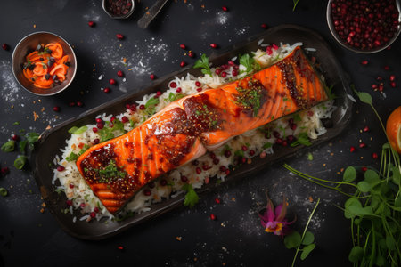 Savor the Tempting Grilled Red Salmon: A Fusion of Flavors and Colors on a Dark Concrete Canvasの素材