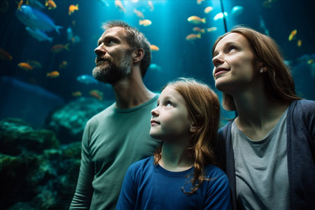Inquisitive Encounters: Exploring Emotions at the Aquarium - A Captivating 3:2 Snapshot of a Familial Visitの素材