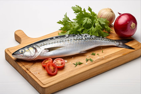 Exquisite Presentation: Fresh Mackerel Fish with Vibrant Vegetables on a Chopping Block, Isolated on White Background [3:2 Aspect Ratio]の素材