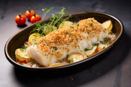 Crispy Delights: Irresistible Baked Cod Fish Fillet on a Ceramic Plateの素材