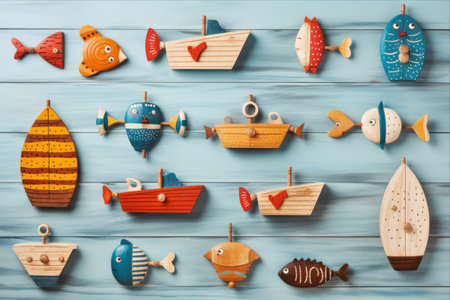 Nautically Charming: Adorable Handcrafted Boats, Fish, and Nautical Elements on Vintage Wooden Backgroundの素材
