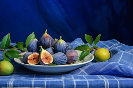 A Sumptuous Display: Vibrant Fig and Jujube Delights Adorn a Striped-Clad Tableの素材