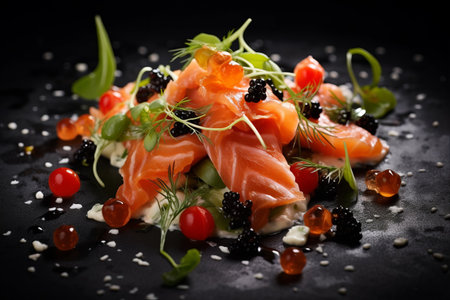 Oceanic Delight: Refreshing Salmon Salad with Tangy Tomato, Luxurious Caviar, and Irresistible Crispy Textureの素材