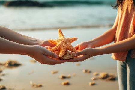 Capturing Moments of Joy: Friends Embracing Starfishes by the Beach (in AR 3:2)の素材