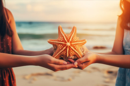 Endless Bond: Friends Embrace Starfishes by the Sea - AR 3:2の素材