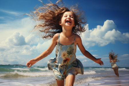 Blissful moments of a joyful child on the sandy shoreの素材