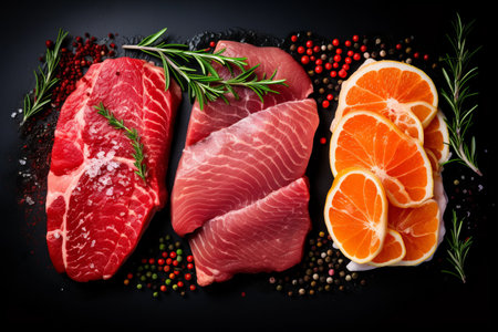 Savouring the Variety: Exploring Beef Striploin, Salmon, and Chicken Breast Steaks in a Captivating Top Viewの素材