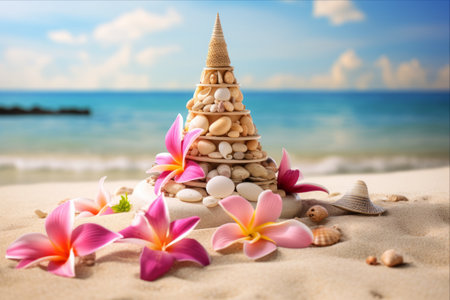 Serenity by the Seashore: Embracing Summer with Pagodas, Plumerias, and Seashellsの素材