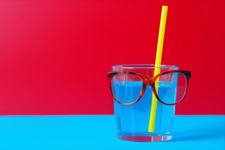Stylish Eye-catching Glass of Blue Liquid with Red Eyeglasses: A Striking Composition on Vibrant Blue and Yellow Studio Backgroundの素材