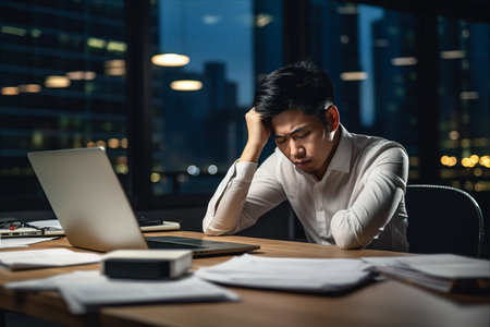 Struggling Against Challenges: An Asian Businessman's Tale in the Office Workspaceの素材