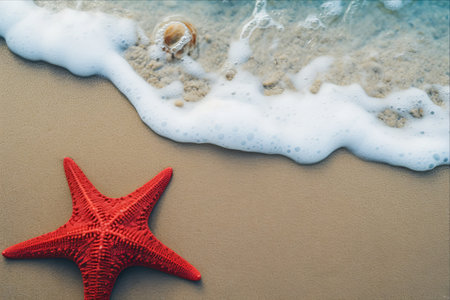 Captivating Coastal Harmony: The Majestic Red Starfish and Serene Sea Waves Embrace a Sandy Tropical Beach - ar 3:2の素材