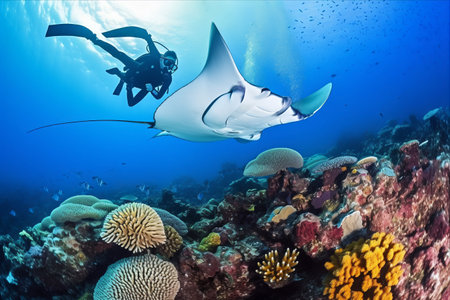 Majestic Encounter: A Diver Captivated by the Graceful Reef Manta Ray in the Pristine Waters of the Maldivesの素材