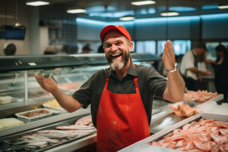 Fulfillment and Freshness: Beaming Seller Presents Handsome Fish Display in Supermarketの素材