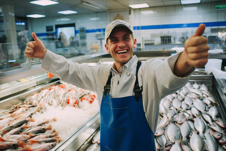 Delighted Vendor Proudly Presents Fresh Fish on Supermarket Counterの素材