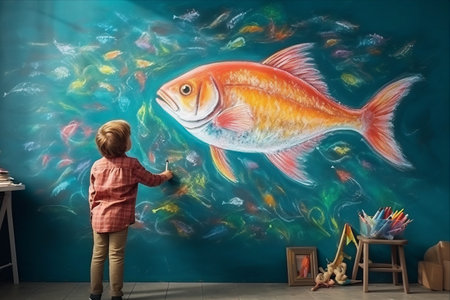 Dreaming Under the Sun: A Joyful Child Creates a Chalk Fish on the Wallの素材