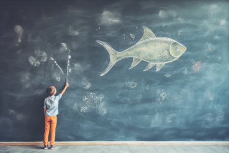 Unleashing Imagination: A Happy Kid Dreams Big, Drawing a Chalk Fish on the Wallの素材