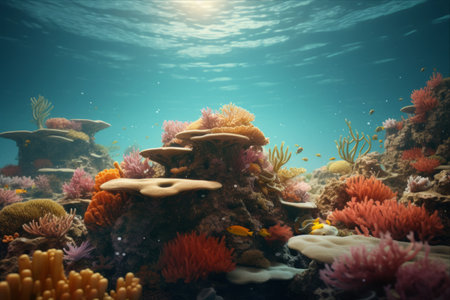 Exquisite 3D Render of a Vibrant Coral Reef Teeming with Life in the Ocean --AR 3:2の素材